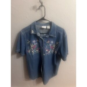 Vintage Bobbie Brooks Women's Denim Short Sleeve Embroidery Floral Size Large